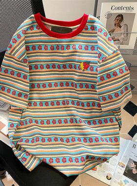 广州十三行彩色条纹短袖t恤女夏宽松半袖体恤别致独特超好看上衣