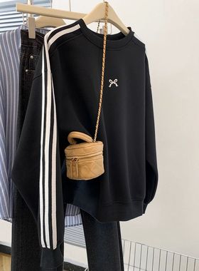 广州十三行女装黑色三条杠加绒卫衣女秋冬宽松慵懒风美式上衣春秋