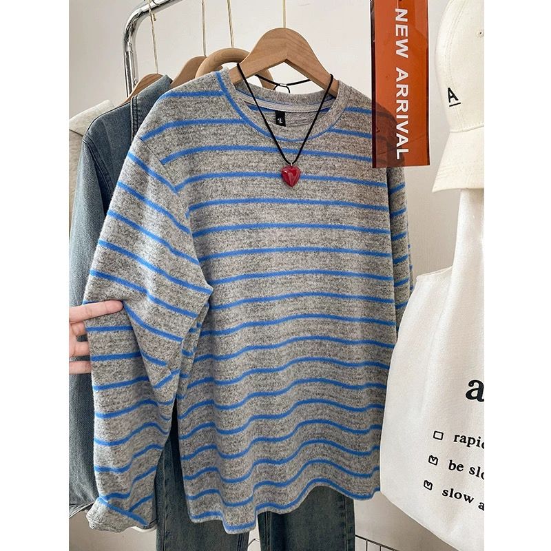 正肩长袖t恤女春秋条纹显瘦上衣