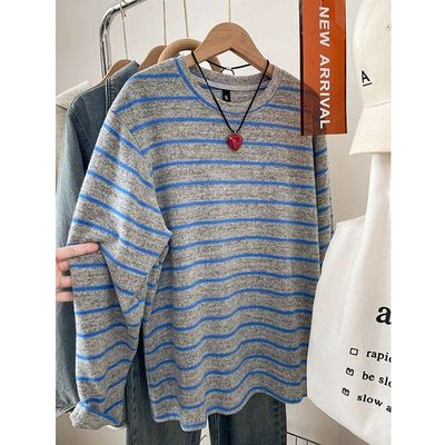 正肩长袖t恤女春秋条纹显瘦上衣