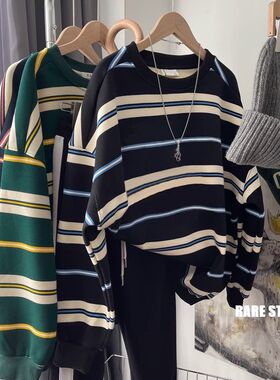 广州十三行女装撞色条纹卫衣女春秋薄款韩系宽松慵懒无帽上衣外套