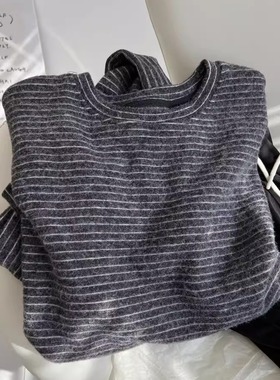 广州十三行女装条纹长袖t恤衫女春秋韩系慵懒风毛绒软糯打底上衣