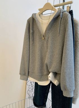 广州十三行女装灰色纯棉连帽卫衣女春秋薄款小个子宽松假两件上衣