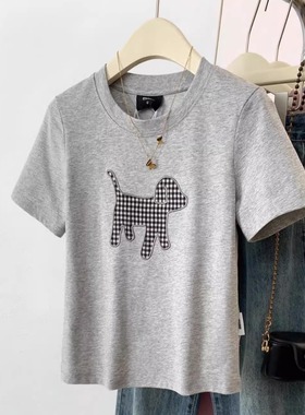 广州十三行高货灰色正肩t恤女短袖夏季小个子短款刺绣上衣设计感