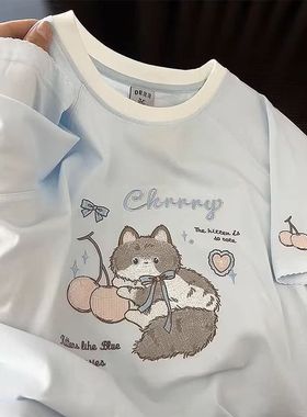 广州十三行女装奶蓝色正肩短袖t恤女夏季时尚百搭减龄纯棉上衣服