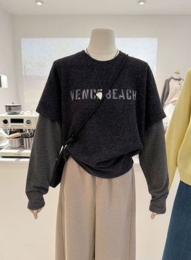 广州十三行加厚磨毛长袖t恤衫女秋冬欧货洋气宽松假两件打底上衣