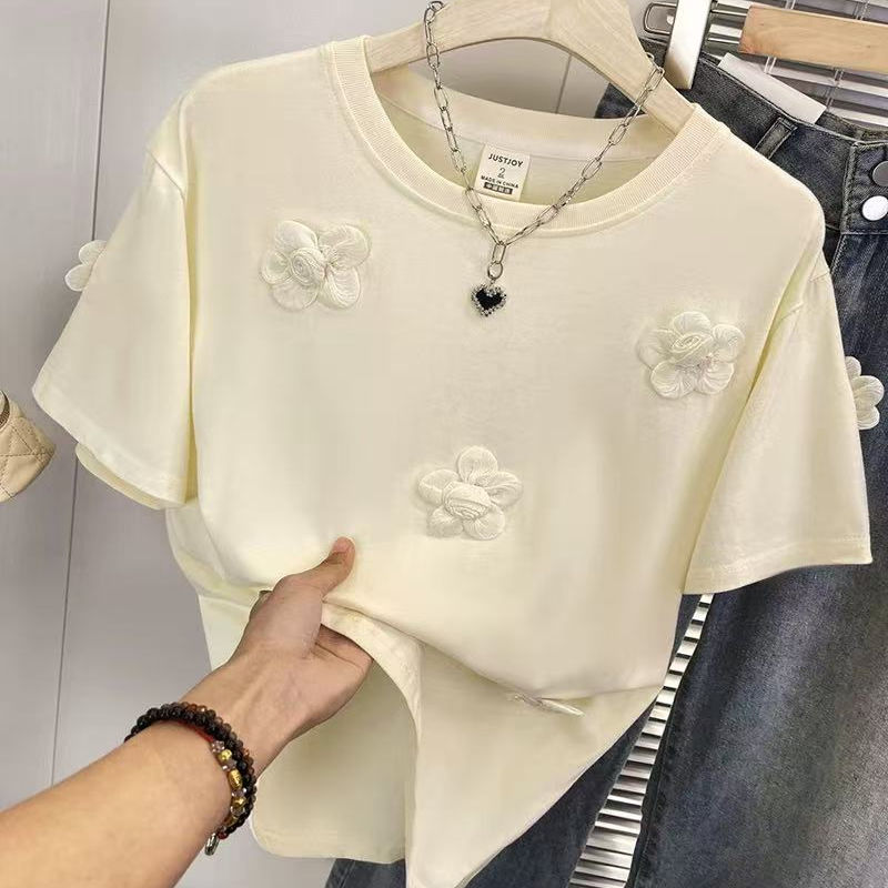 立体花朵刺绣纯棉短袖t恤女夏装
