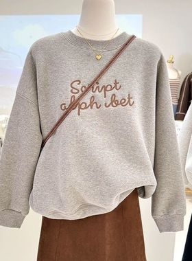 广州十三行女装灰色无帽卫衣女秋冬重磅纯棉加绒加厚长袖上衣冬季