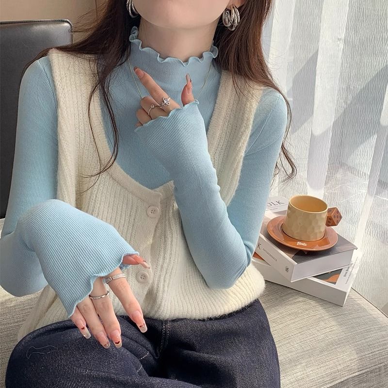 木耳边双面磨毛长袖t恤女春秋款