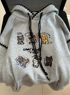 广州十三行女装灰色连帽卫衣女秋冬加绒加厚韩版宽松oversize外套