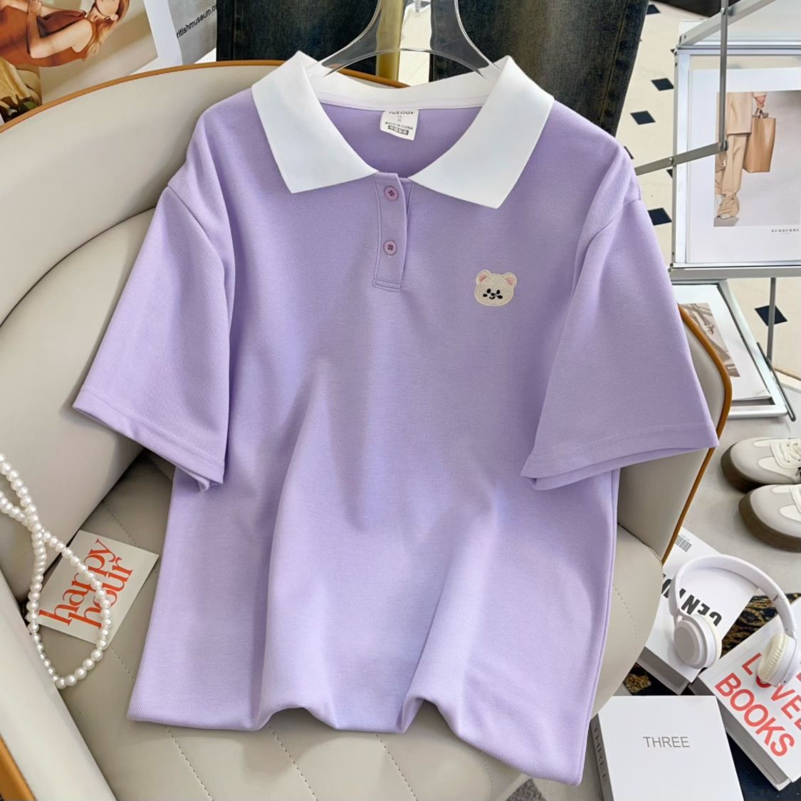 翻领刺绣短袖t恤女夏季设计感