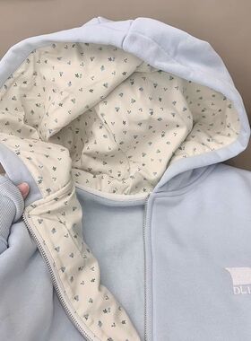 广州十三行女装春秋季蓝色连帽卫衣女秋冬加绒加厚开衫外套慵懒风