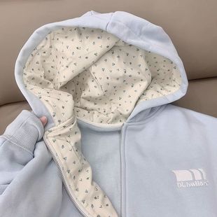 广州十三行女装 外套慵懒风 春秋季 蓝色连帽卫衣女秋冬加绒加厚开衫