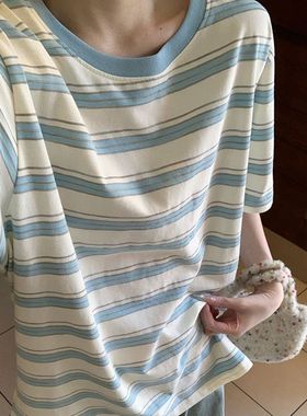 广州十三行高货蓝色条纹t恤女短袖夏季2025新款大码宽松半袖上衣