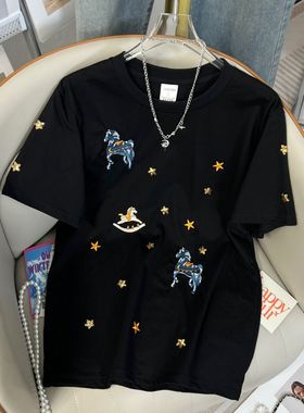 广州十三行女装黑色正肩纯棉短袖t恤夏季遮肉显瘦上衣漂亮超好看