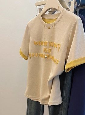 广州十三行女装正肩短袖t恤女字母刺绣时尚百搭洋气黄色上衣夏季