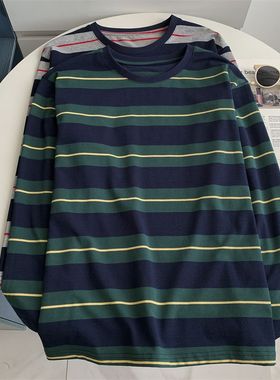 广州十三行绿色条纹长袖t恤女春秋松弛感内搭打底衫宽松百搭上衣