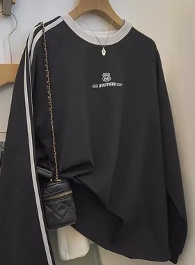 广州十三行女装黑色圆领无帽卫衣女春秋薄款韩系简约百搭长袖上衣