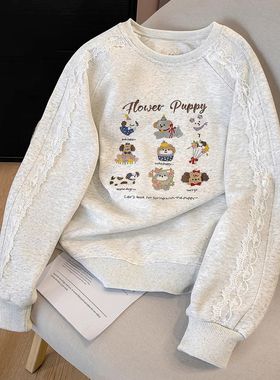 广州十三行女装白灰色纯棉无帽卫衣女春秋薄款减龄慵懒风长袖上衣