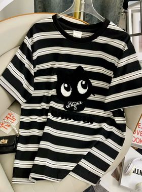 广州十三行高货爆款黑色条纹短袖t恤女卡通刺绣上衣夏季宽松显瘦