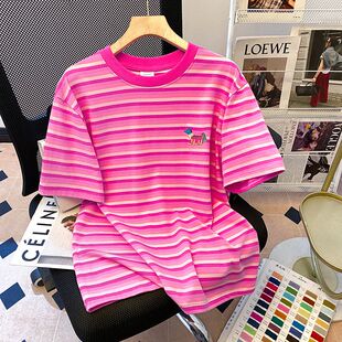 t恤女夏宽松慵懒风简约刺绣圆领上衣 广州十三行粉色条纹正肩短袖