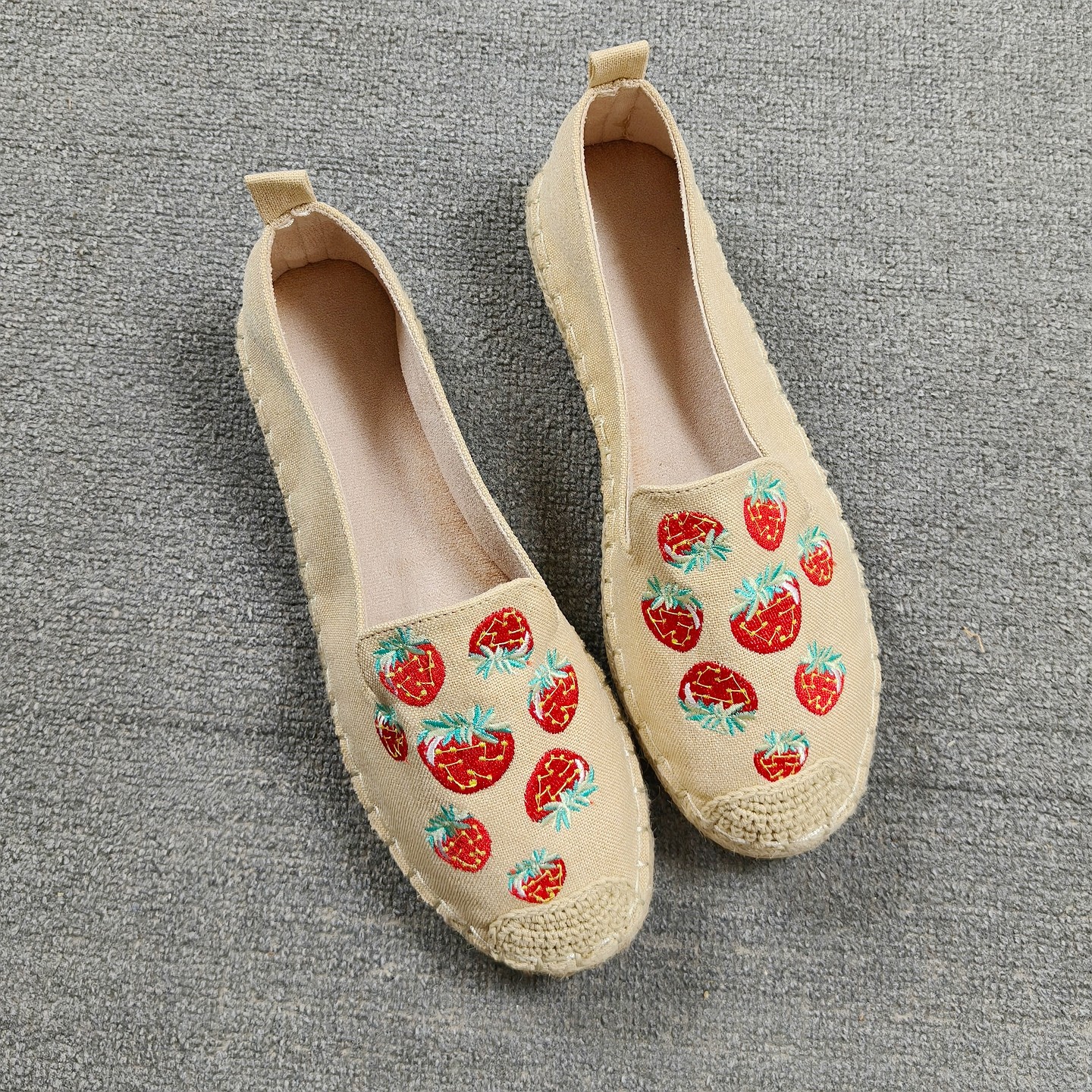 外贸低跟民族风草莓刺绣渔夫鞋女2026新款平底布面草编圆头单鞋,女鞋,渔夫鞋,淘宝优惠券,粉丝福利购,淘宝优惠卷