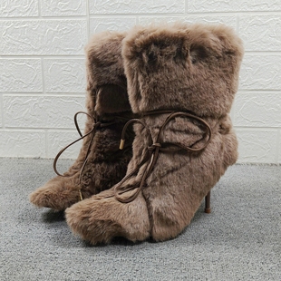 2026欧美风细跟性感真兔毛绑带短靴女外穿时尚 侧拉链中筒靴毛毛靴