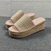 外贸原单2025新款 女 女外穿编织草编坡跟一字凉拖鞋 时尚 厚底凉鞋