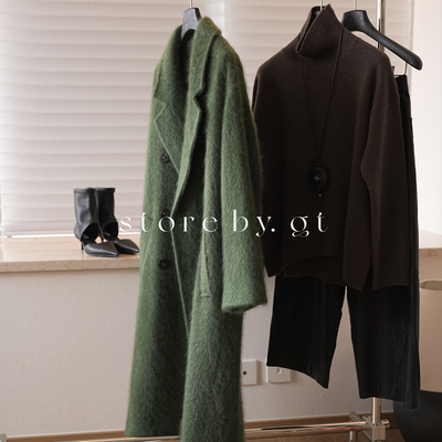 100%小山羊绒拉绒翻领长款大衣