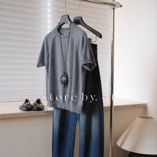 100%山羊绒须边短袖上衣 ins基础百搭羊绒净版上衣 2026早秋新款