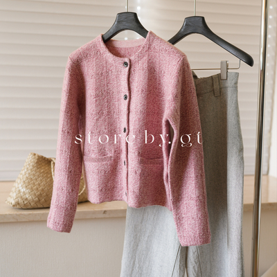 【重磅羊绒系列】100%高克重山羊绒 粉色花纱羊绒开衫针织衫外套