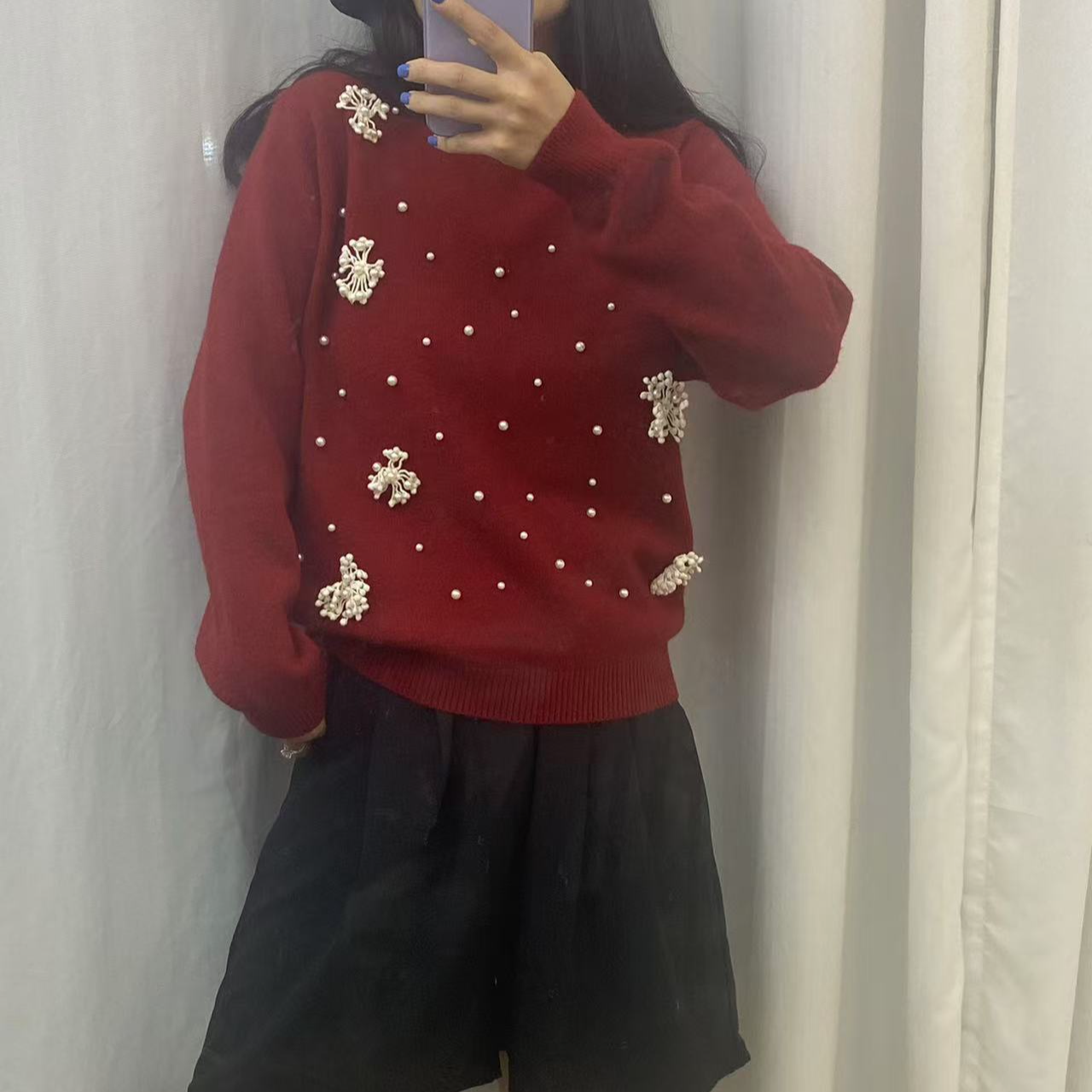 【CC家居控】法式别致重工钉珠花朵毛衣圆领长袖针织衫88907