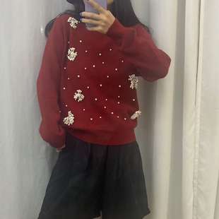 【CC家居控】法式别致重工钉珠花朵毛衣圆领长袖针织衫88907