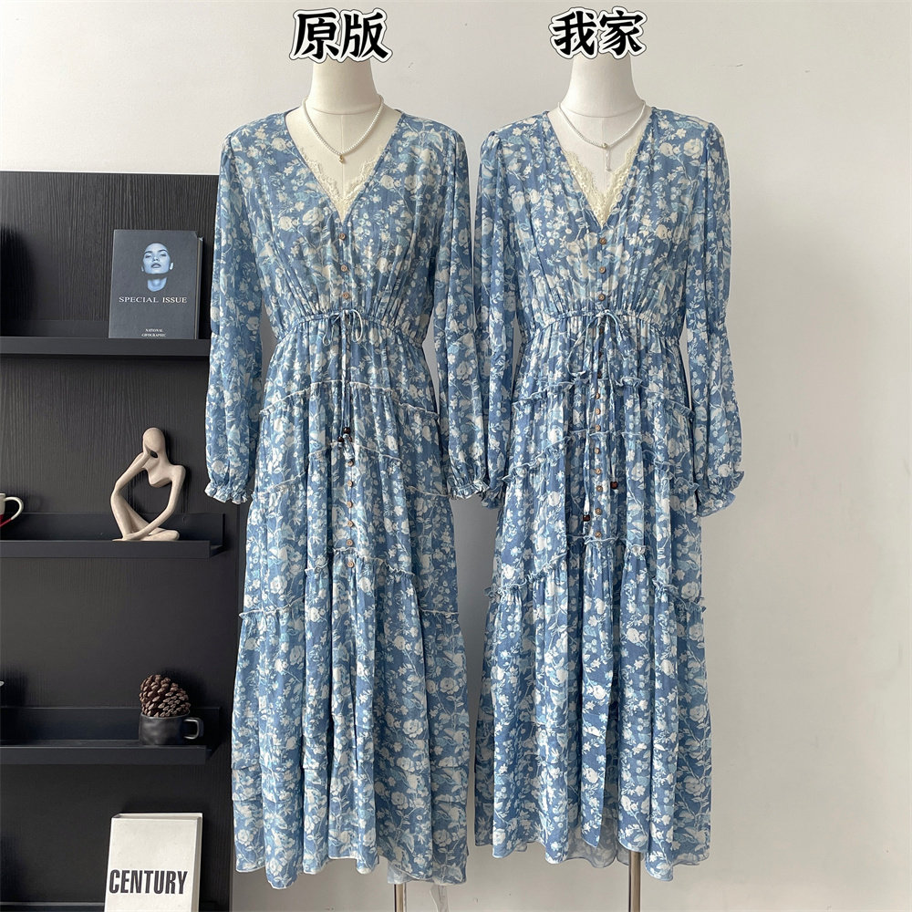 林十八 4米用料!2.8米裙摆4层蓝色碎花法式温柔茶歇仙女连衣裙女