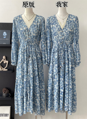 林十八 4米用料!2.8米裙摆4层蓝色碎花法式温柔茶歇仙女连衣裙女