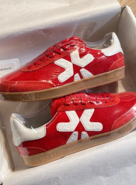 LUMES&YHGM真皮红色德训鞋女2026春季新款复古软底休闲百搭阿甘鞋