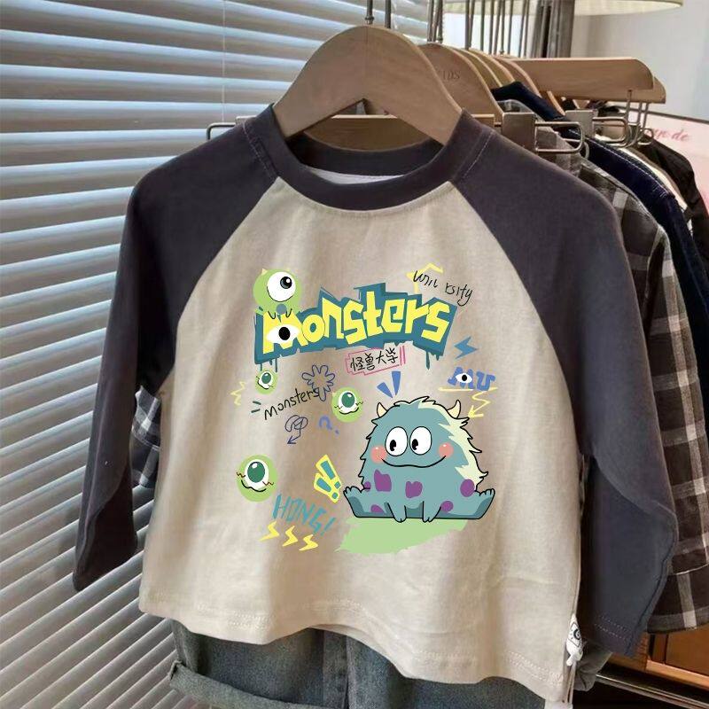 儿童纯棉新款长袖T恤中大童洋气卡通小怪兽百搭女童宝宝春秋上衣t