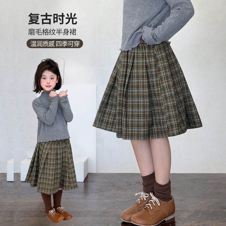 女童加厚格子半身裙2025秋冬季新款儿童中长款中大童复古百搭短裙