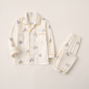 全棉双层纱家居服套装春夏男童薄款长袖开衫可爱宝宝纱布儿童睡衣