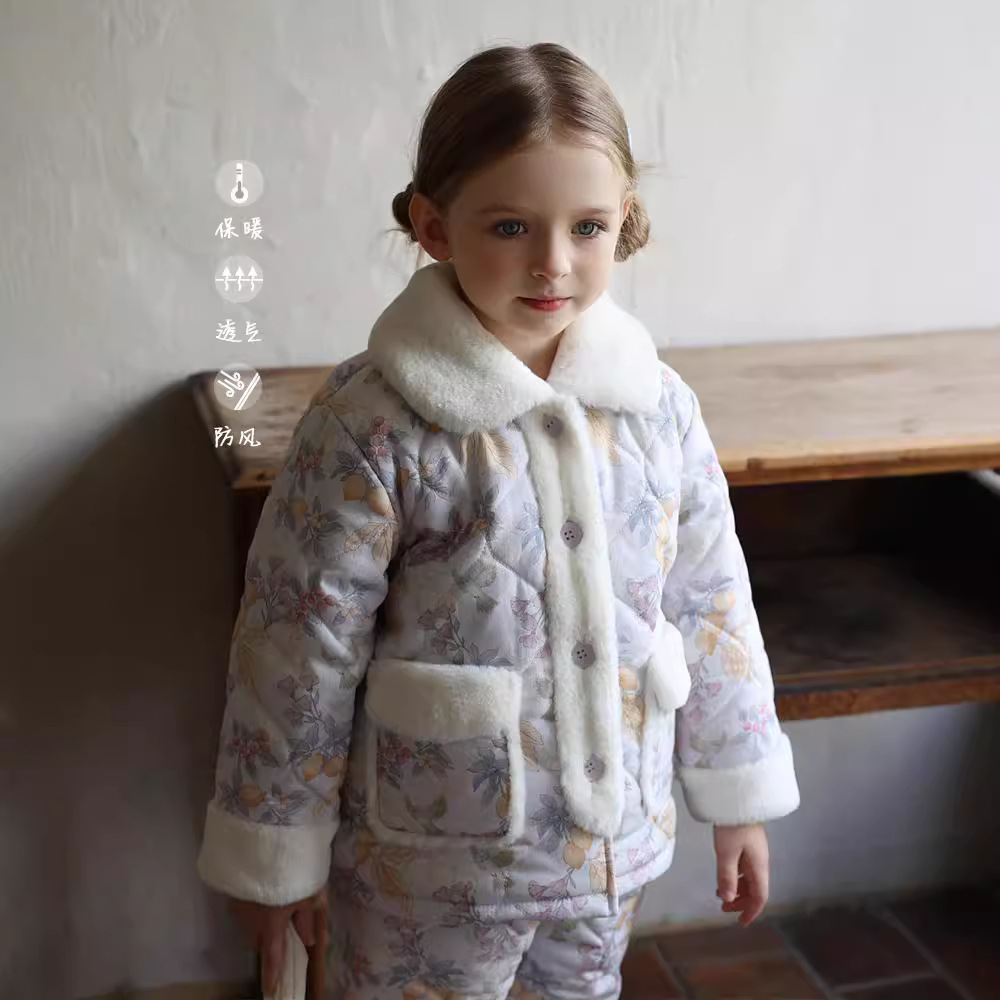 女童三层加厚夹棉睡衣家居服套装