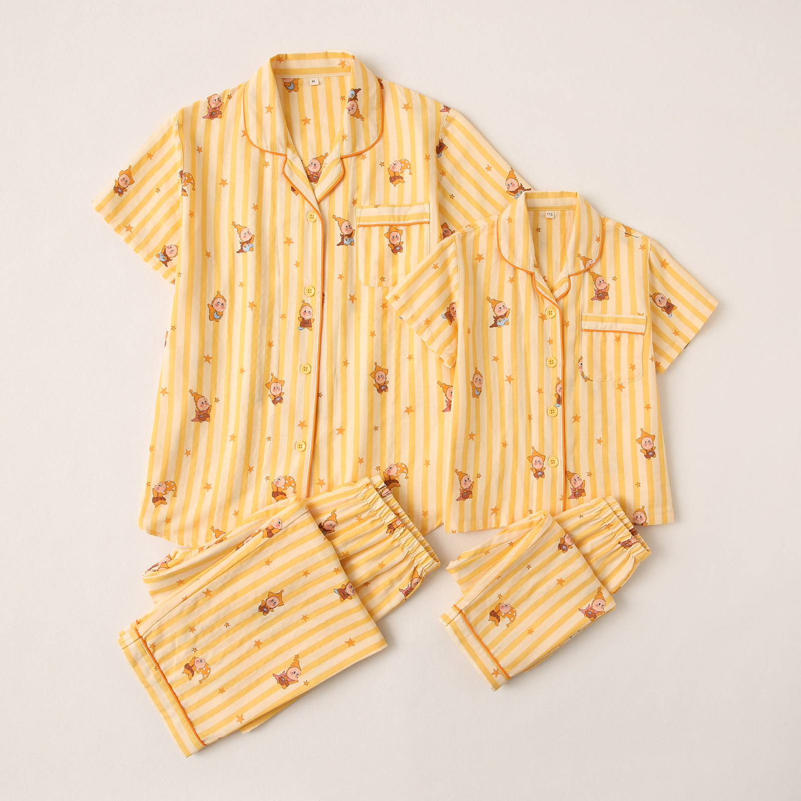 儿童夏季全棉纱布女童家居服短袖长裤女薄款翻领开衫亲子睡衣套装