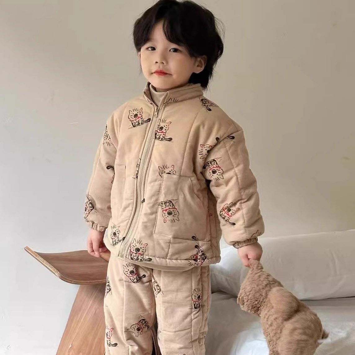 冬季儿童睡衣卡通加厚男童保暖宝宝加绒可外穿夹棉小孩家居服套装