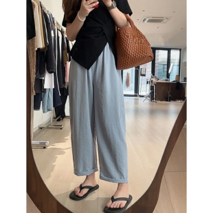 九分哈伦裤 女夏纯色松紧腰宽松显瘦卷边直筒裤 萝卜裤 轻薄速干工装