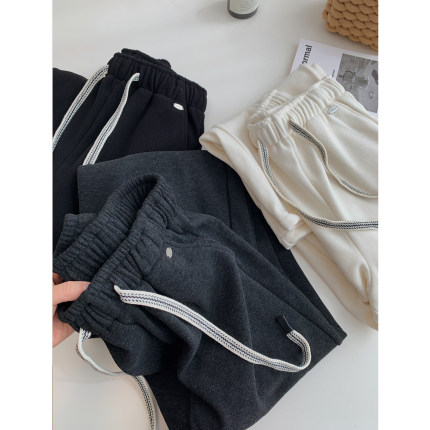 韩版高腰小铁片抽绳百搭宽松休闲裤女秋冬加绒显瘦阔腿直筒长裤