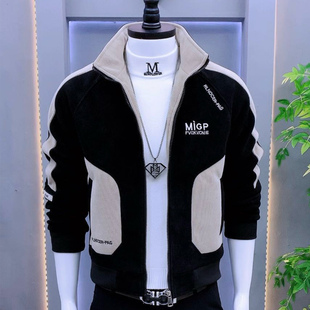 拼色加绒外套男冬季潮流痞帅立领男士夹克韩版百搭刺绣高级感棉衣