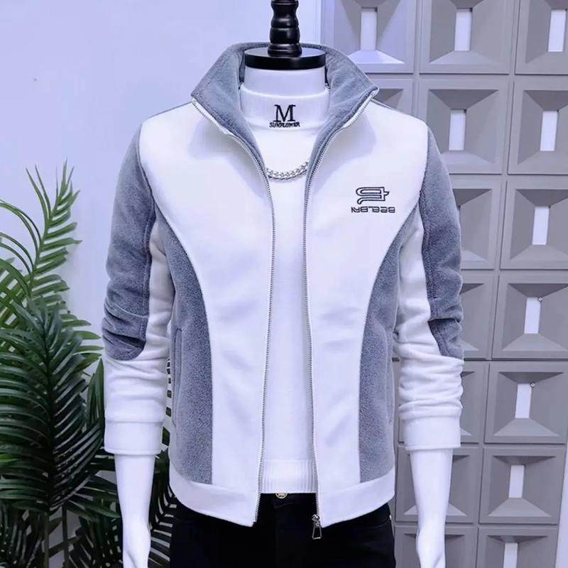 新款立领外套男冬季韩版潮流拼色加绒加厚男士夹克保暖高级感棉衣