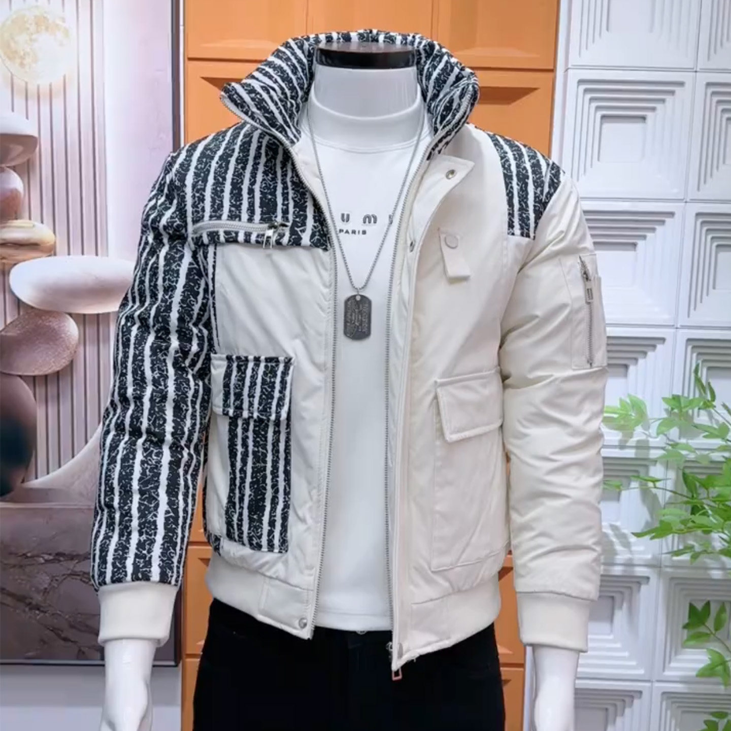 新款竖条纹棉服外套男冬季潮流拼色时尚韩版痞帅个性男士立领棉衣