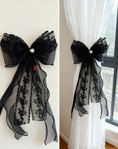 窗帘蕾丝欧根纱别针珍珠蝴蝶结绑带轻奢法式黑色绑绳飘带装饰辅料
