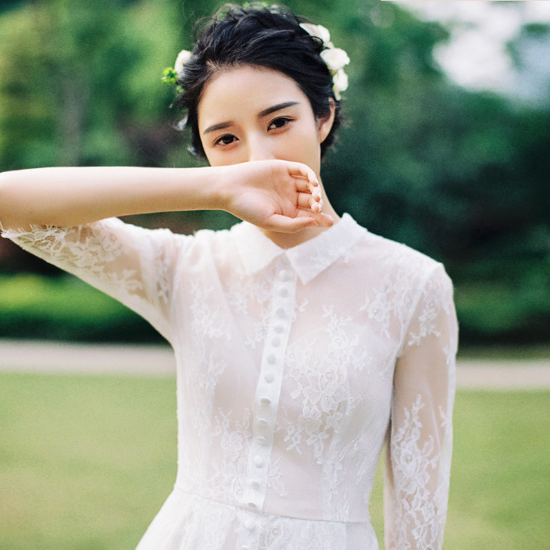 【清歡】嶼間新娘原創簡約氣質蕾絲中袖中長小白裙輕婚紗禮服女在類目 女裝/女士精品, 婚紗/旗袍/禮服, 婚紗中 - 來自Buy2taobao.com提供專業的淘寶代購服務