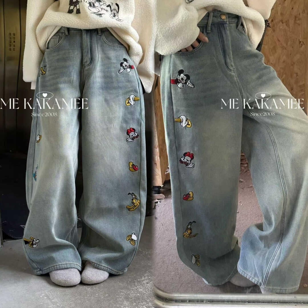 3#【ME KAKAMEE】冬新品 复古冼水刺绣卡通图案加绒牛仔裤